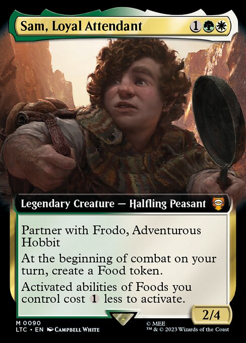 Partner with Frodo, Adventurous Hobbit (When this creature enters the battlefield, target player may put Frodo into their hand from their library, then shuffle.)
At the beginning of combat on your turn, create a Food token. (It's an artifact with "{2}, {T}, Sacrifice this artifact: You gain 3 life.")
Activated abilities of Foods you control cost {1} less to activate.