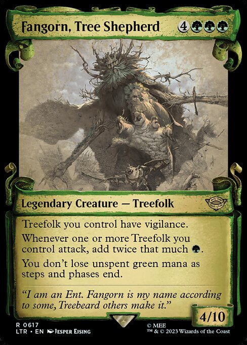 Treefolk you control have vigilance.
Whenever one or more Treefolk you control attack, add twice that much {G}.
You don't lose unspent green mana as steps and phases end.