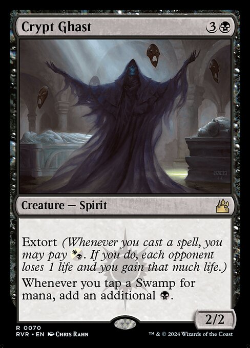 Extort (Whenever you cast a spell, you may pay {W/B}. If you do, each opponent loses 1 life and you gain that much life.)
Whenever you tap a Swamp for mana, add an additional {B}.