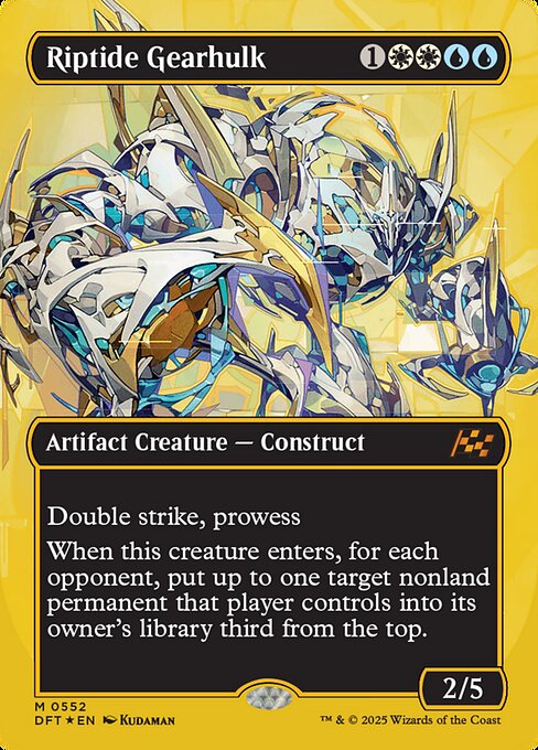 Double strike
Prowess (Whenever you cast a noncreature spell, this creature gets +1/+1 until end of turn.)
When this creature enters, for each opponent, put up to one target nonland permanent that player controls into its owner's library third from the top.