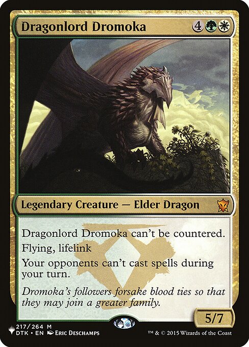 This spell can't be countered.
Flying, lifelink
Your opponents can't cast spells during your turn.