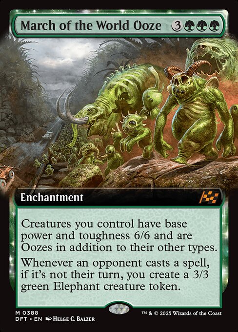 Creatures you control have base power and toughness 6/6 and are Oozes in addition to their other types.
Whenever an opponent casts a spell, if it's not their turn, you create a 3/3 green Elephant creature token.