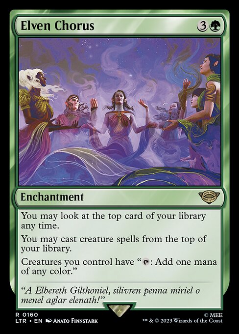 You may look at the top card of your library any time.
You may cast creature spells from the top of your library.
Creatures you control have "{T}: Add one mana of any color."