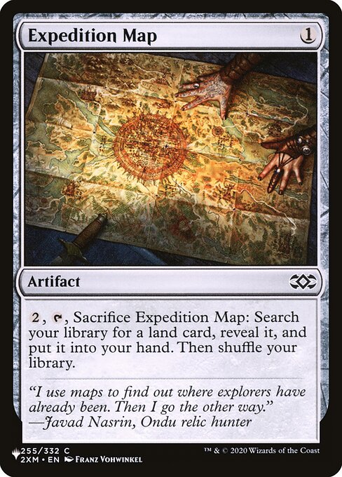 {2}, {T}, Sacrifice Expedition Map: Search your library for a land card, reveal it, put it into your hand, then shuffle.