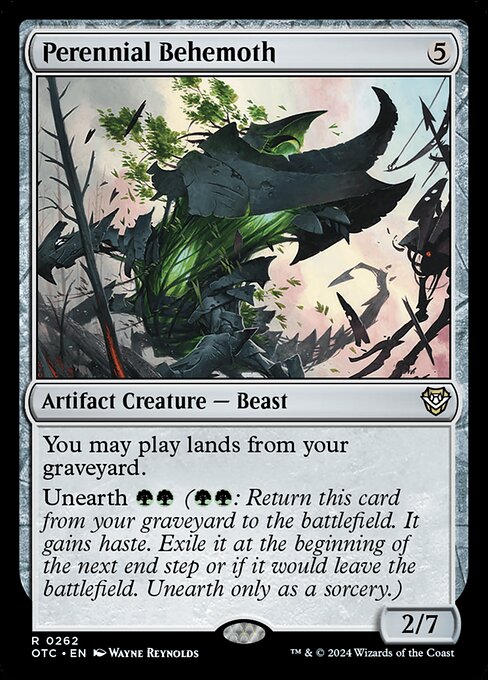 You may play lands from your graveyard.
Unearth {G}{G} ({G}{G}: Return this card from your graveyard to the battlefield. It gains haste. Exile it at the beginning of the next end step or if it would leave the battlefield. Unearth only as a sorcery.)