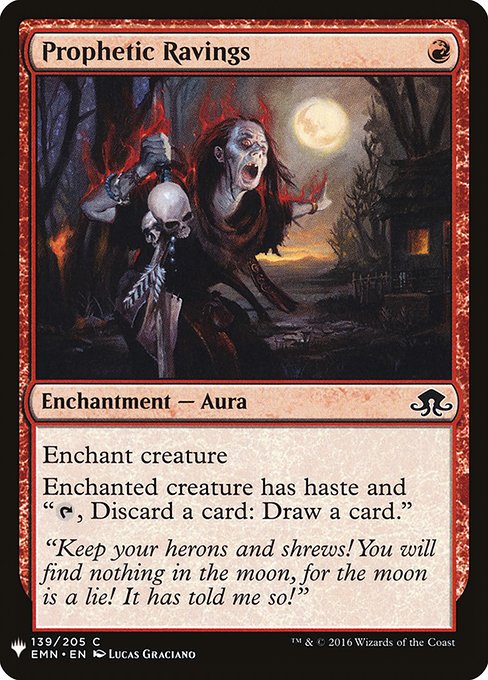 Enchant creature
Enchanted creature has haste and "{T}, Discard a card: Draw a card."
