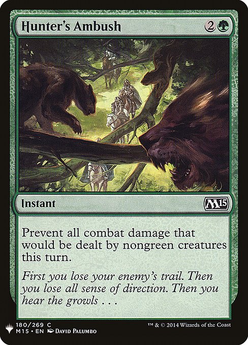 Prevent all combat damage that would be dealt by nongreen creatures this turn.
