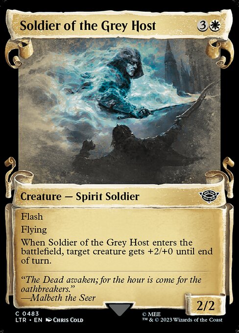 Flash
Flying
When Soldier of the Grey Host enters the battlefield, target creature gets +2/+0 until end of turn.