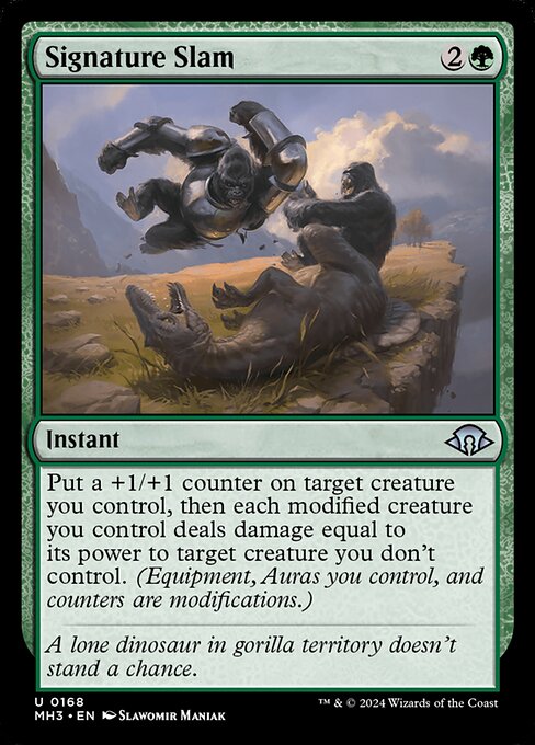 Put a +1/+1 counter on target creature you control, then each modified creature you control deals damage equal to its power to target creature you don't control. (Equipment, Auras you control, and counters are modifications.)