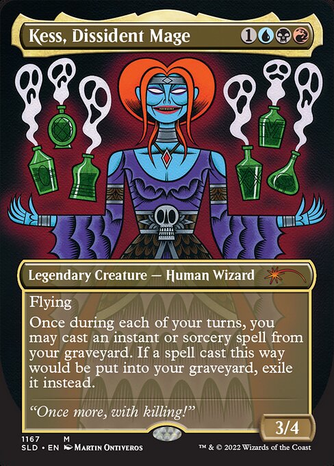 Flying
Once during each of your turns, you may cast an instant or sorcery spell from your graveyard. If a spell cast this way would be put into your graveyard, exile it instead.