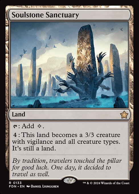 {T}: Add {C}.
{4}: This land becomes a 3/3 creature with vigilance and all creature types. It's still a land.