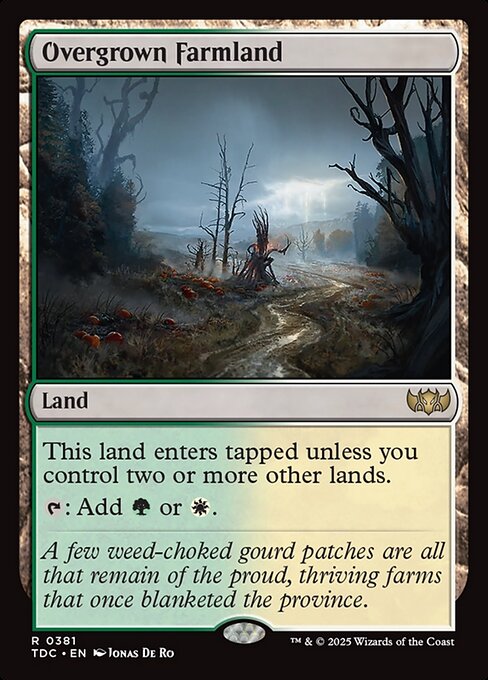 This land enters tapped unless you control two or more other lands.
{T}: Add {G} or {W}.