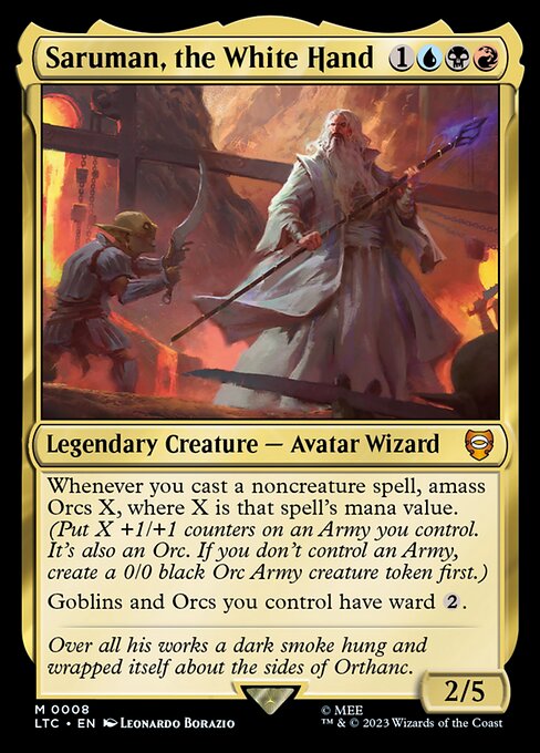 Whenever you cast a noncreature spell, amass Orcs X, where X is that spell's mana value. (Put X +1/+1 counters on an Army you control. It's also an Orc. If you don't control an Army, create a 0/0 black Orc Army creature token first.)
Goblins and Orcs you control have ward {2}.