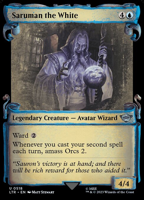 Ward {2}
Whenever you cast your second spell each turn, amass Orcs 2. (Put two +1/+1 counters on an Army you control. It's also an Orc. If you don't control an Army, create a 0/0 black Orc Army creature token first.)