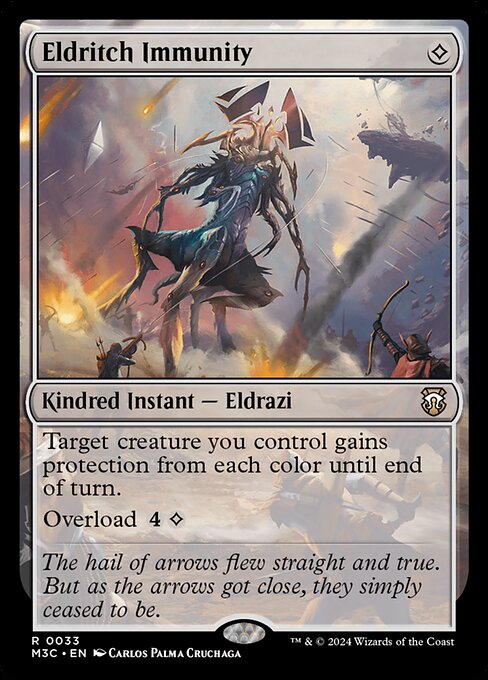 Target creature you control gains protection from each color until end of turn.
Overload {4}{C} (You may cast this spell for its overload cost. If you do, change "target" in its text to "each.")