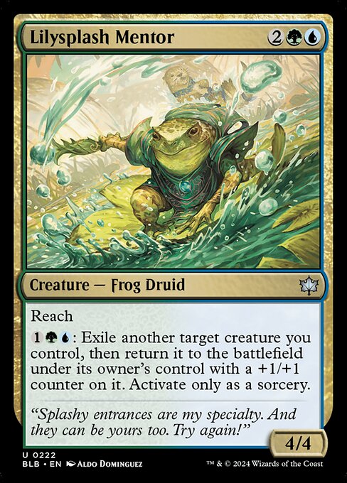 Reach
{1}{G}{U}: Exile another target creature you control, then return it to the battlefield under its owner's control with a +1/+1 counter on it. Activate only as a sorcery.