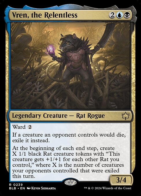 Ward {2}
If a creature an opponent controls would die, exile it instead.
At the beginning of each end step, create X 1/1 black Rat creature tokens with "This creature gets +1/+1 for each other Rat you control," where X is the number of creatures your opponents controlled that were exiled this turn.