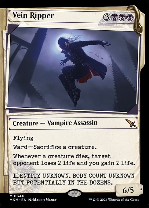 Flying
Ward—Sacrifice a creature.
Whenever a creature dies, target opponent loses 2 life and you gain 2 life.