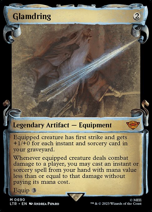 Equipped creature has first strike and gets +1/+0 for each instant and sorcery card in your graveyard.
Whenever equipped creature deals combat damage to a player, you may cast an instant or sorcery spell from your hand with mana value less than or equal to that damage without paying its mana cost.
Equip {3}