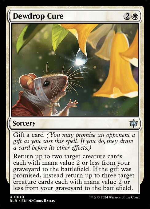 Gift a card (You may promise an opponent a gift as you cast this spell. If you do, they draw a card before its other effects.)
Return up to two target creature cards each with mana value 2 or less from your graveyard to the battlefield. If the gift was promised, instead return up to three target creature cards each with mana value 2 or less from your graveyard to the battlefield.