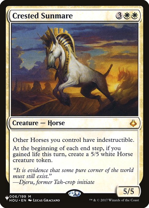 Other Horses you control have indestructible.
At the beginning of each end step, if you gained life this turn, create a 5/5 white Horse creature token.