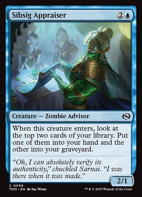 When this creature enters, look at the top two cards of your library. Put one of them into your hand and the other into your graveyard.