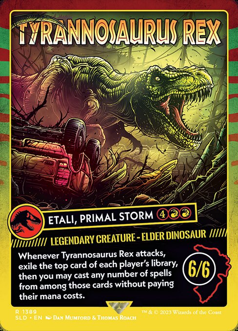 Whenever Etali attacks, exile the top card of each player's library, then you may cast any number of spells from among those cards without paying their mana costs.