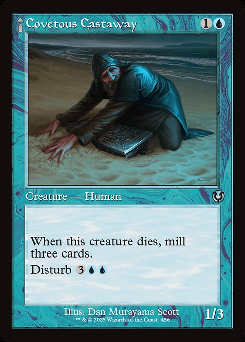 When Covetous Castaway dies, mill three cards. (Put the top three cards of your library into your graveyard.)
Disturb {3}{U}{U} (You may cast this card from your graveyard transformed for its disturb cost.)   Flying
When Ghostly Castigator enters, you may shuffle up to three target cards from your graveyard into your library.
If Ghostly Castigator would be put into a graveyard from anywhere, exile it instead.