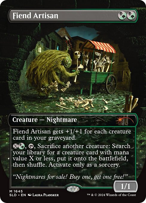 This creature gets +1/+1 for each creature card in your graveyard.
{X}{B/G}, {T}, Sacrifice another creature: Search your library for a creature card with mana value X or less, put it onto the battlefield, then shuffle. Activate only as a sorcery.