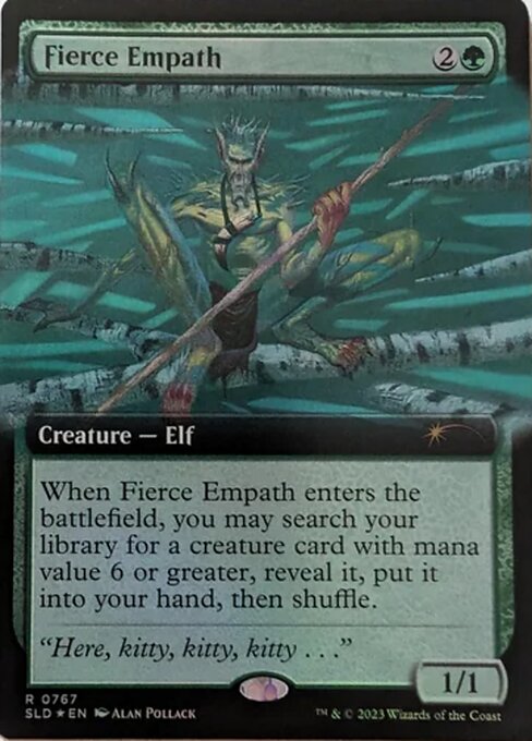 When Fierce Empath enters the battlefield, you may search your library for a creature card with mana value 6 or greater, reveal it, put it into your hand, then shuffle.