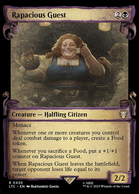 Menace
Whenever one or more creatures you control deal combat damage to a player, create a Food token.
Whenever you sacrifice a Food, put a +1/+1 counter on Rapacious Guest.
When Rapacious Guest leaves the battlefield, target opponent loses life equal to its power.