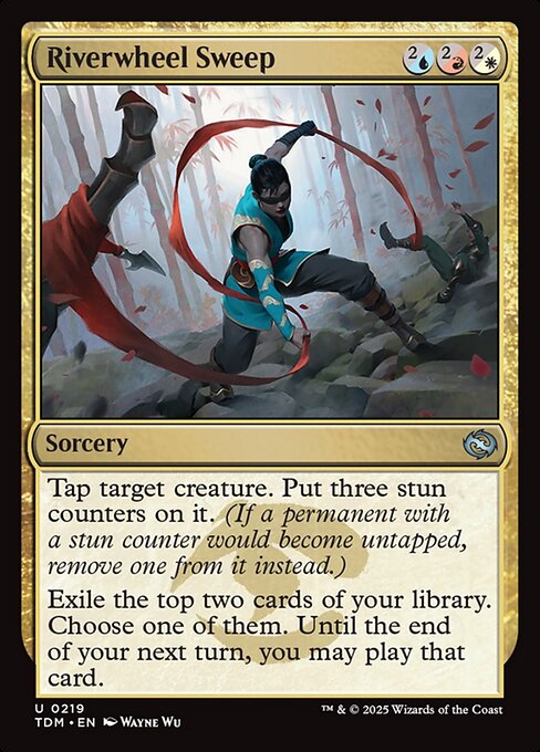 Tap target creature. Put three stun counters on it. (If a permanent with a stun counter would become untapped, remove one from it instead.)
Exile the top two cards of your library. Choose one of them. Until the end of your next turn, you may play that card.