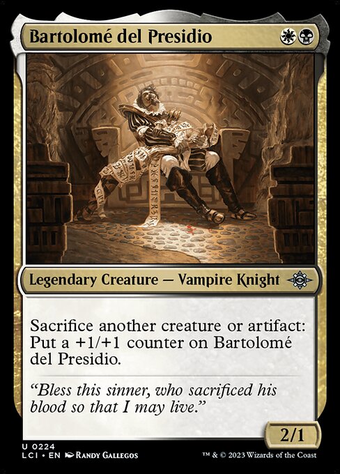 Sacrifice another creature or artifact: Put a +1/+1 counter on Bartolomé del Presidio.