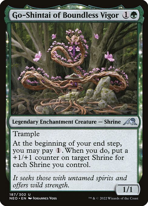 Trample
At the beginning of your end step, you may pay {1}. When you do, put a +1/+1 counter on target Shrine for each Shrine you control.