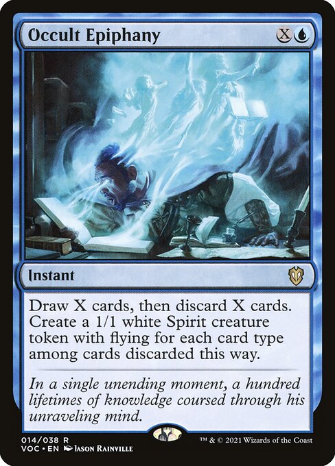 Draw X cards, then discard X cards. Create a 1/1 white Spirit creature token with flying for each card type among cards discarded this way.