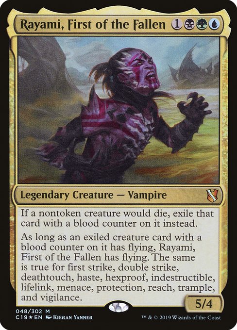 If a nontoken creature would die, exile that card with a blood counter on it instead.
As long as an exiled creature card with a blood counter on it has flying, Rayami, First of the Fallen has flying. The same is true for first strike, double strike, deathtouch, haste, hexproof, indestructible, lifelink, menace, protection, reach, trample, and vigilance.