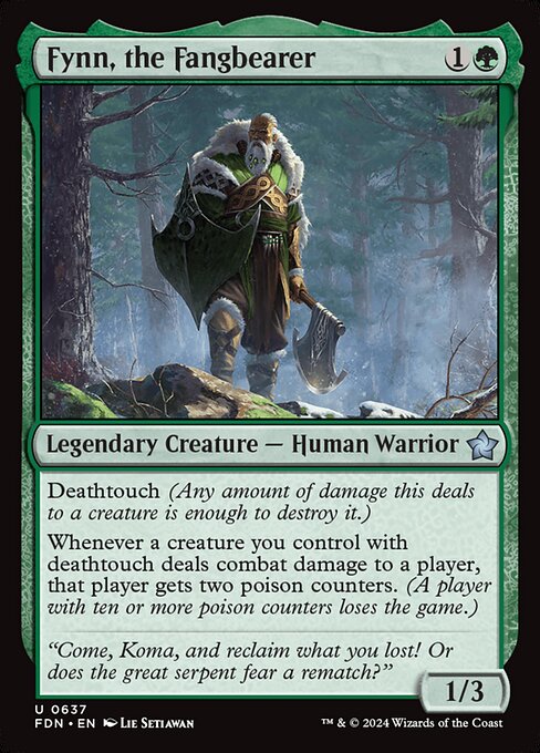 Deathtouch (Any amount of damage this deals to a creature is enough to destroy it.)
Whenever a creature you control with deathtouch deals combat damage to a player, that player gets two poison counters. (A player with ten or more poison counters loses the game.)