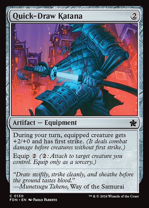 During your turn, equipped creature gets +2/+0 and has first strike. (It deals combat damage before creatures without first strike.)
Equip {2} ({2}: Attach to target creature you control. Equip only as a sorcery.)