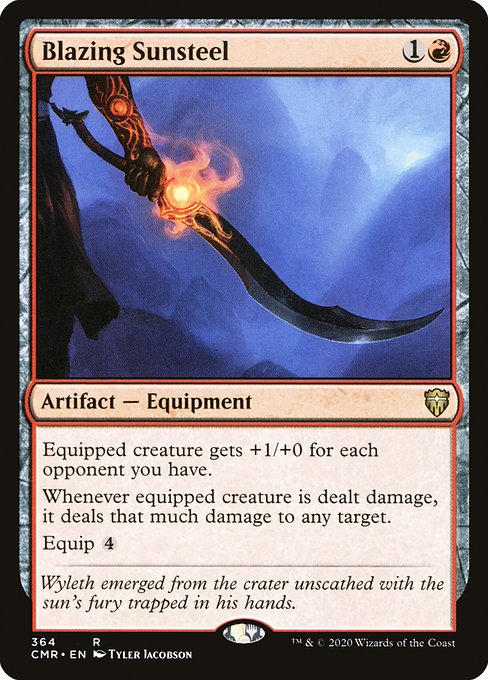 Equipped creature gets +1/+0 for each opponent you have.
Whenever equipped creature is dealt damage, it deals that much damage to any target.
Equip {4}