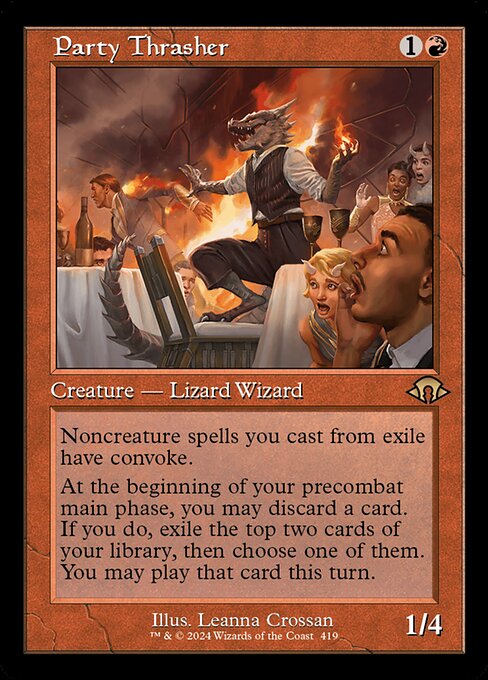 Noncreature spells you cast from exile have convoke. (Each creature you tap while casting a noncreature spell from exile pays for {1} or one mana of that creature's color.)
At the beginning of your precombat main phase, you may discard a card. If you do, exile the top two cards of your library, then choose one of them. You may play that card this turn.