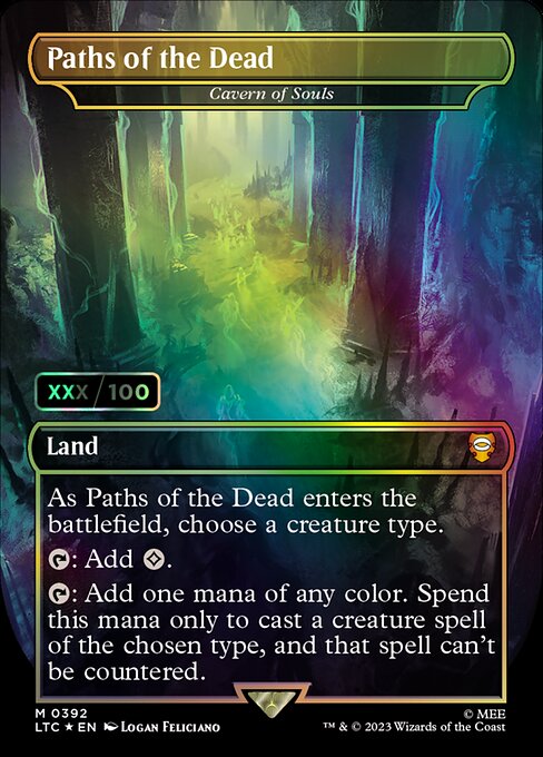 As Cavern of Souls enters the battlefield, choose a creature type.
{T}: Add {C}.
{T}: Add one mana of any color. Spend this mana only to cast a creature spell of the chosen type, and that spell can't be countered.