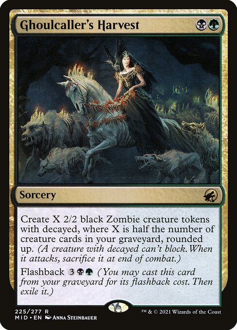 Create X 2/2 black Zombie creature tokens with decayed, where X is half the number of creature cards in your graveyard, rounded up. (A creature with decayed can't block. When it attacks, sacrifice it at end of combat.)
Flashback {3}{B}{G} (You may cast this card from your graveyard for its flashback cost. Then exile it.)