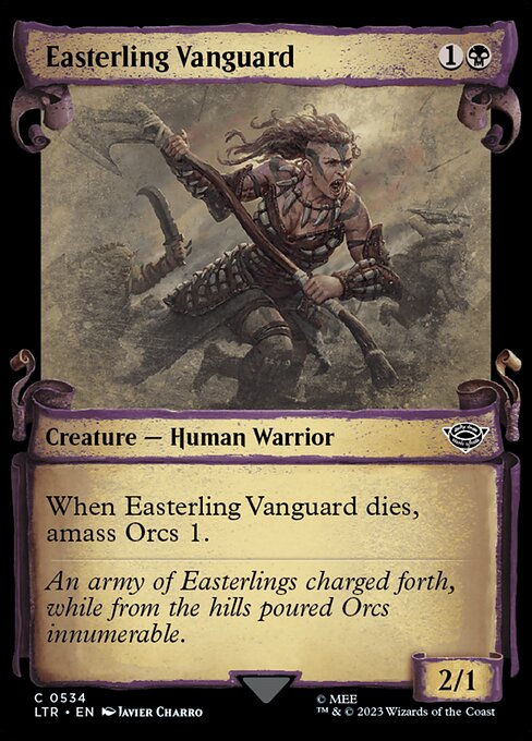 When Easterling Vanguard dies, amass Orcs 1. (Put a +1/+1 counter on an Army you control. It's also an Orc. If you don't control an Army, create a 0/0 black Orc Army creature token first.)