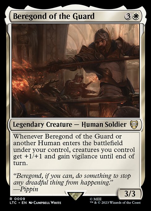 Whenever Beregond of the Guard or another Human you control enters, creatures you control get +1/+1 and gain vigilance until end of turn.