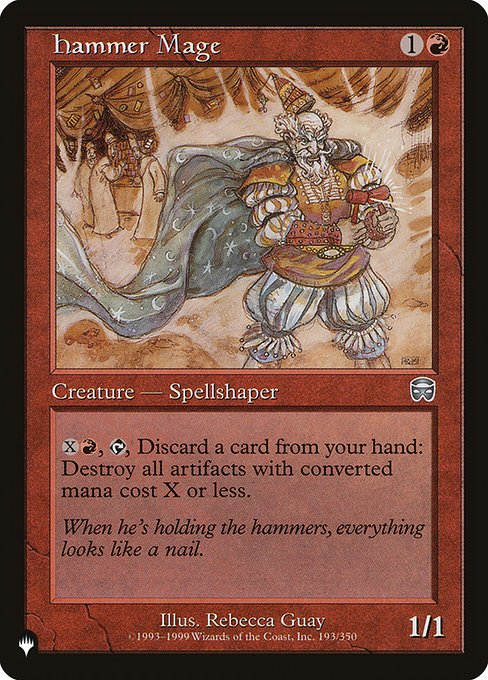 {X}{R}, {T}, Discard a card: Destroy all artifacts with mana value X or less.