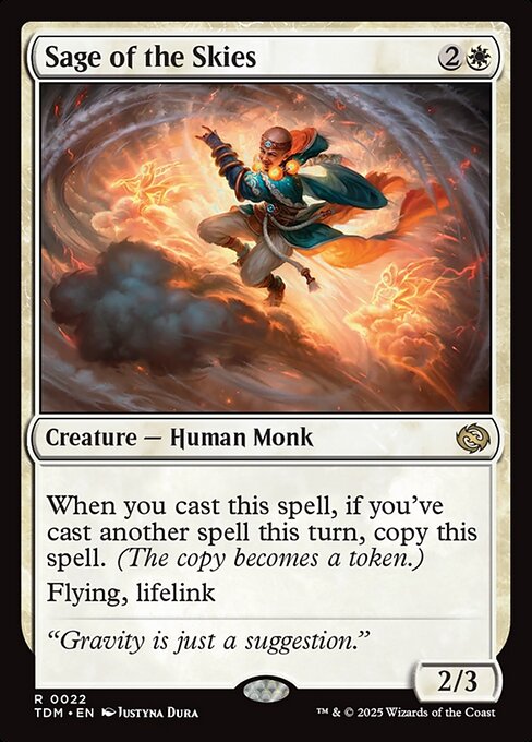 When you cast this spell, if you've cast another spell this turn, copy this spell. (The copy becomes a token.)
Flying, lifelink