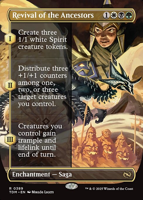(As this Saga enters and after your draw step, add a lore counter. Sacrifice after III.)
I — Create three 1/1 white Spirit creature tokens.
II — Distribute three +1/+1 counters among one, two, or three target creatures you control.
III — Creatures you control gain trample and lifelink until end of turn.