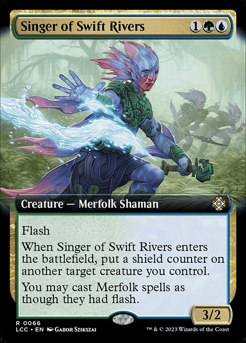 Flash
When this creature enters, put a shield counter on another target creature you control. (If it would be dealt damage or destroyed, remove a shield counter from it instead.)
You may cast Merfolk spells as though they had flash.