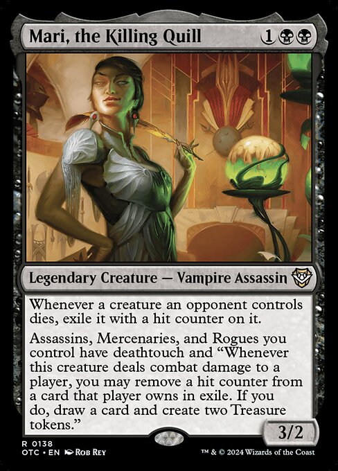 Whenever a creature an opponent controls dies, exile it with a hit counter on it.
Assassins, Mercenaries, and Rogues you control have deathtouch and "Whenever this creature deals combat damage to a player, you may remove a hit counter from a card that player owns in exile. If you do, draw a card and create two Treasure tokens."