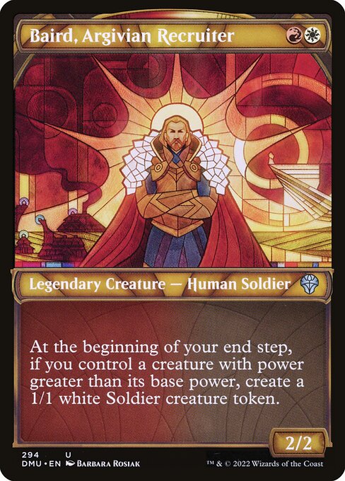 At the beginning of your end step, if you control a creature with power greater than its base power, create a 1/1 white Soldier creature token.